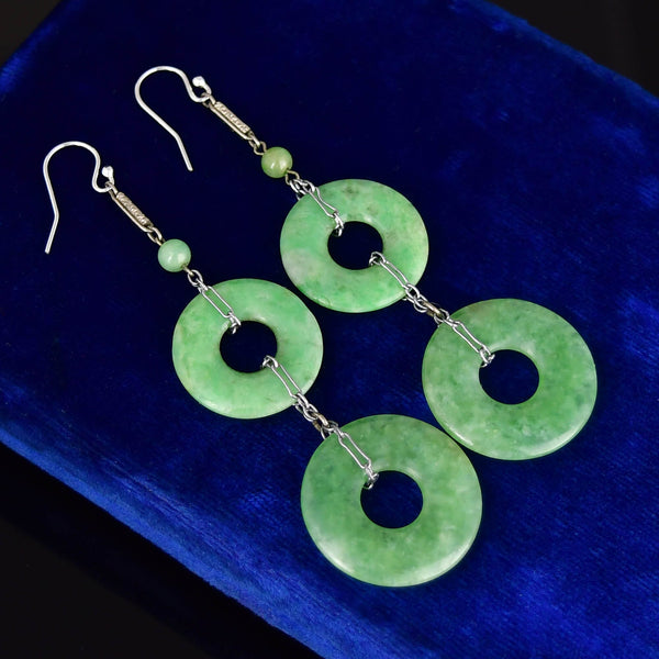 Art Deco Sterling Silver Jade Hoop Chandelier Earrings - Boylerpf