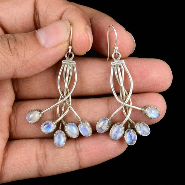 Vintage Moonstone Cabochon Sterling Silver Drop Earrings