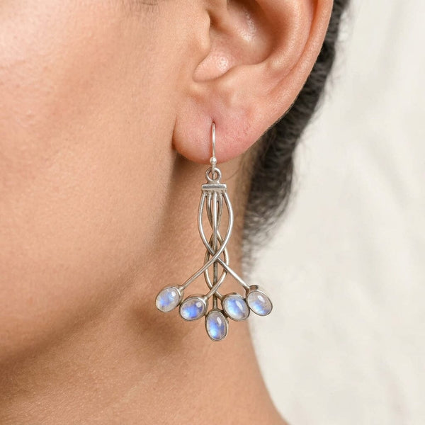 Vintage Moonstone Cabochon Sterling Silver Drop Earrings