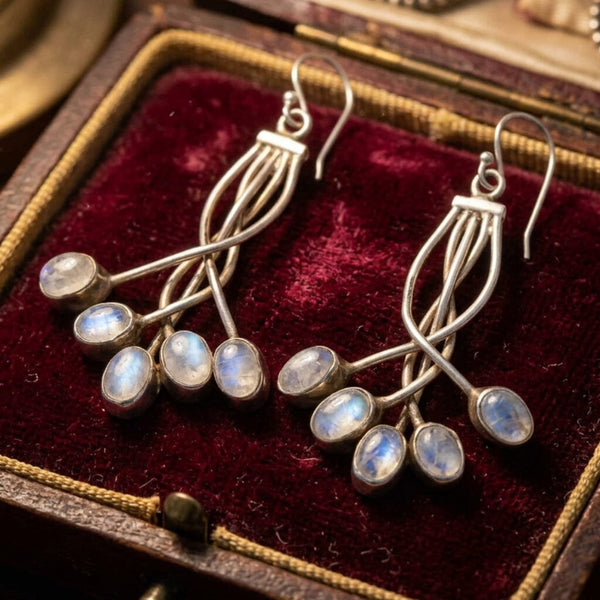 Vintage Moonstone Cabochon Sterling Silver Drop Earrings