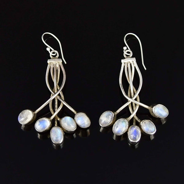 Vintage Moonstone Cabochon Sterling Silver Drop Earrings
