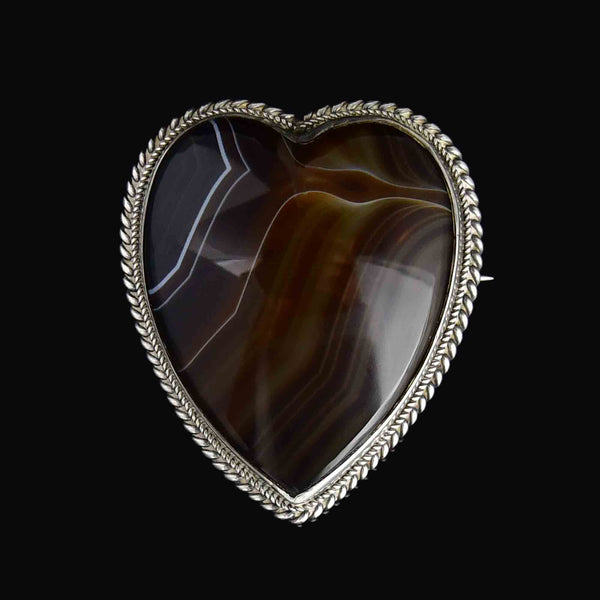 Antique Victorian Silver Scottish Banded Agate Heart Brooch - Boylerpf