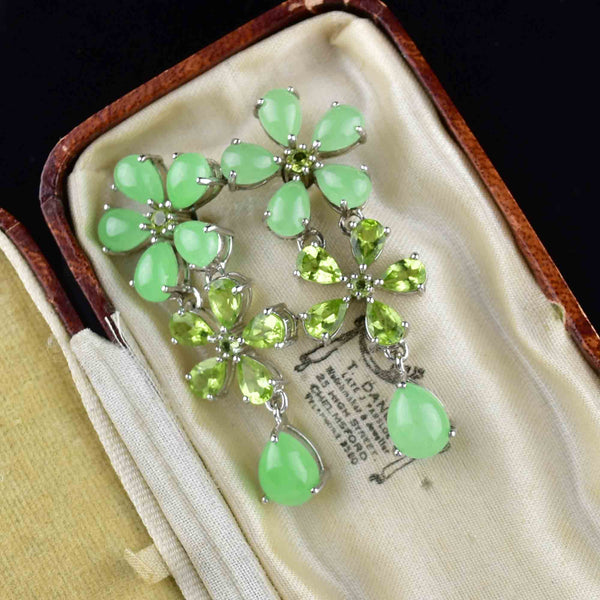 Vintage Silver Peridot Chalcedony Floral Dangle Earrings - Boylerpf