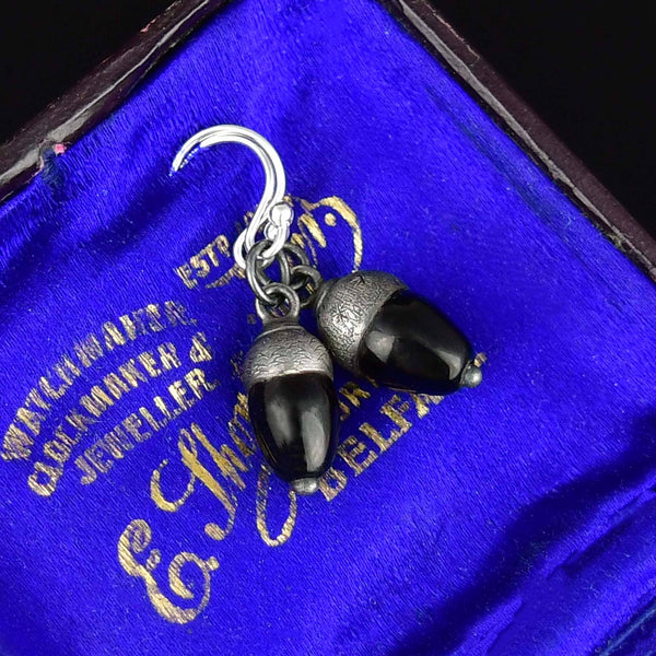 Antique Sterling Silver Whitby Jet Acorn Earrings - Boylerpf