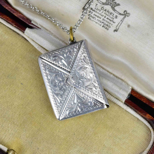 Antique Silver Engraved Envelope Stamp Holder Pendant Necklace - Boylerpf