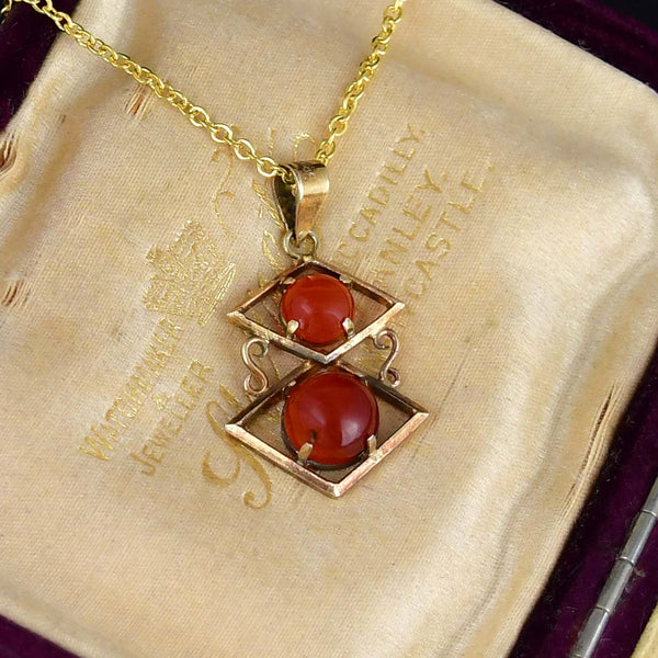 Vintage Carnelian Gold Vermeil Geometric Pendant Necklace