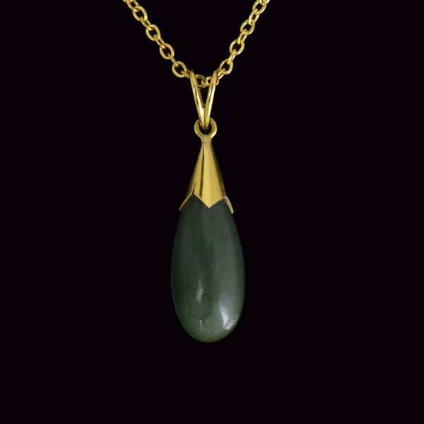 Vintage 14K Gold Natural Jade Teardrop Pendant Necklace