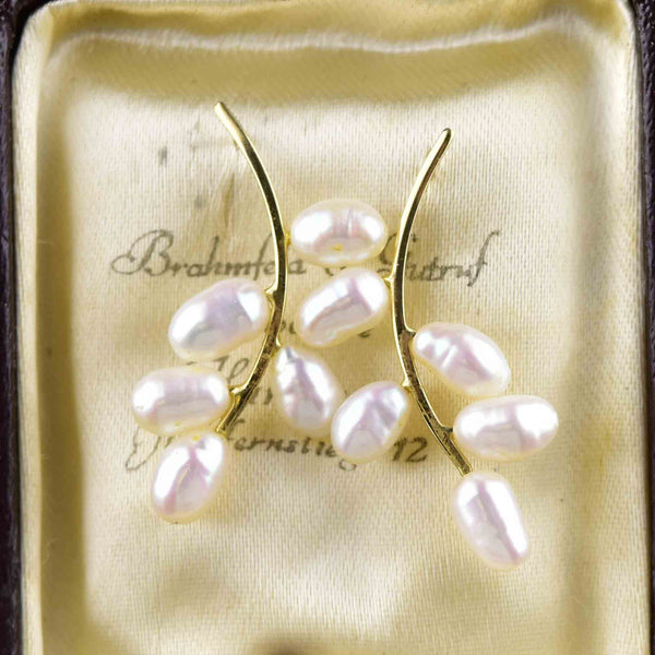 Vintage 14K Gold Bar Baroque Pearl Leaf Earrings - Boylerpf