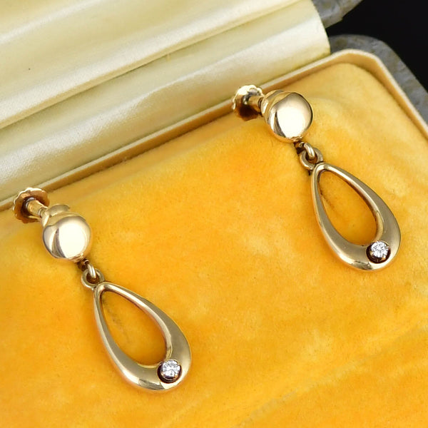 Vintage 14K Gold Diamond Drop Hoop Earrings