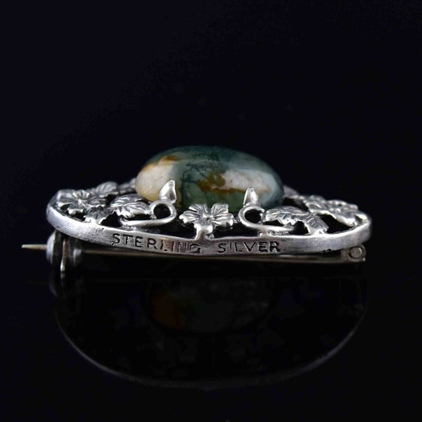 Arts and Crafts Silver Forget Me Not Scottish Moss Agate Brooch - Boylerpf