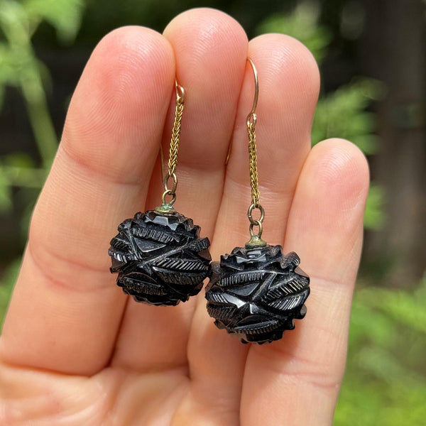 Antique Victorian Gold Carved Whitby Jet Earrings - Boylerpf