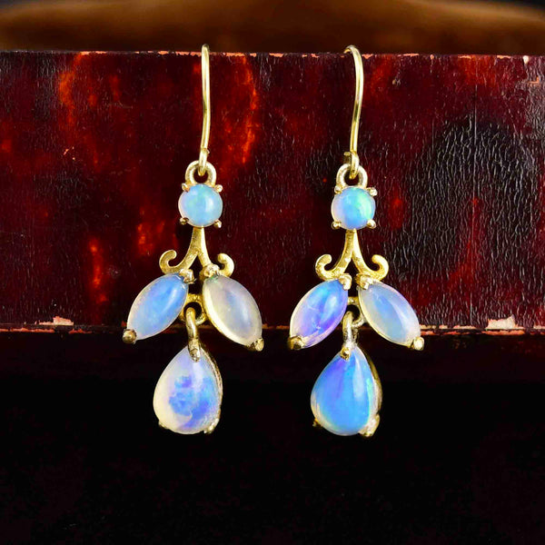 Vintage Art Deco Style Ethiopian Jelly Opal Leaf Drop Earrings - Boylerpf