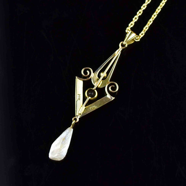 Art Nouveau 14K Gold Sapphire Pearl Lavaliere Necklace - Boylerpf