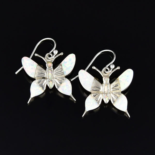 Vintage Sterling Silver Opal Butterfly Drop Earrings - Boylerpf