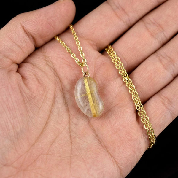 Vintage Rutilated Quartz 9K Gold Lucky Bean Necklace