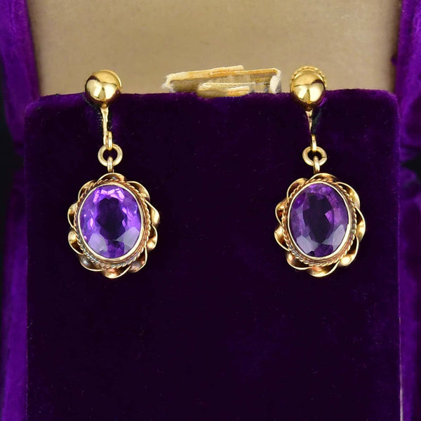 Vintage Amethyst Drop Earrings 14K Gold - Boylerpf
