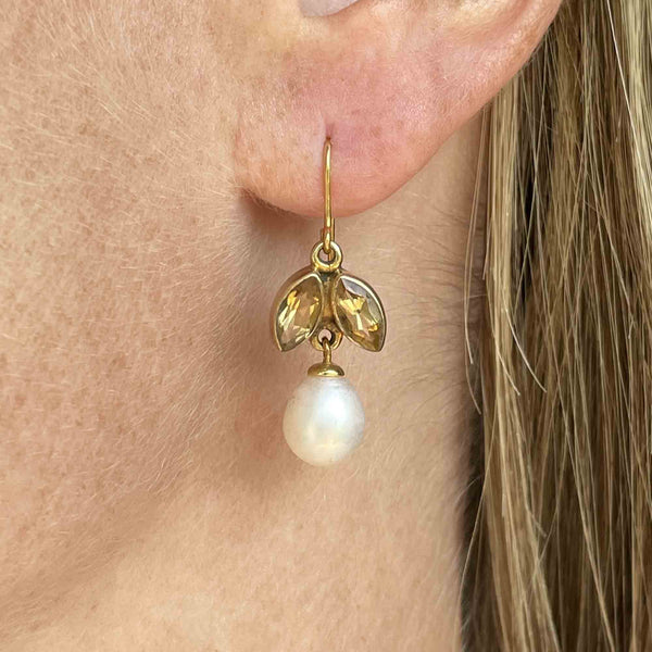 Vintage Gold Citrine Baroque Pearl Flower Earrings - Boylerpf