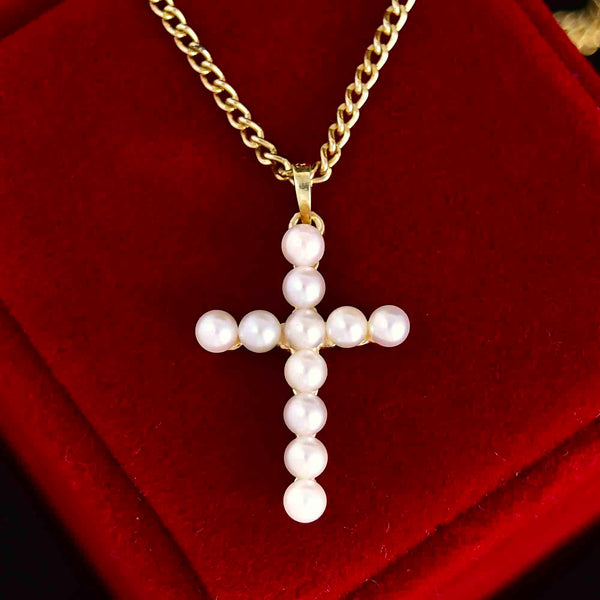 14K Gold Cultured Pearl Cross Charm Pendant Necklace - Boylerpf