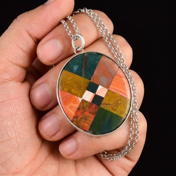 Antique Large Mosaic Scottish Agate Sterling Silver Pendant Necklace