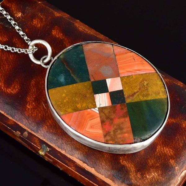 Antique Large Mosaic Scottish Agate Sterling Silver Pendant Necklace