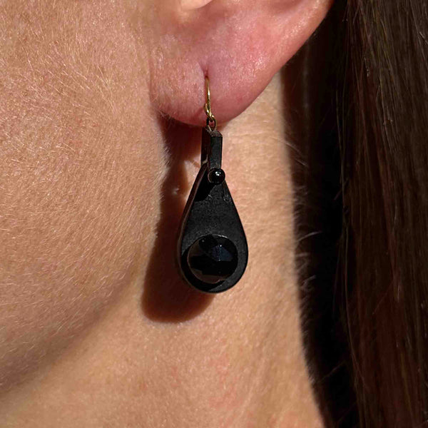 Antique Victorian Carved Whitby Jet Earrings - Boylerpf