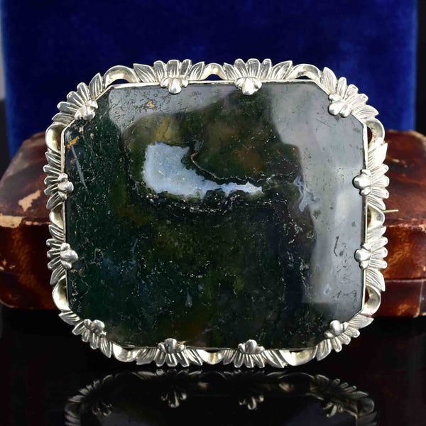 Antique Large Silver Picture Moss Agate Brooch - Boylerpf