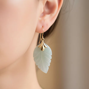 14K Gold Moss in Snow Jade Carved Leaf Drop Earrings - Boylerpf