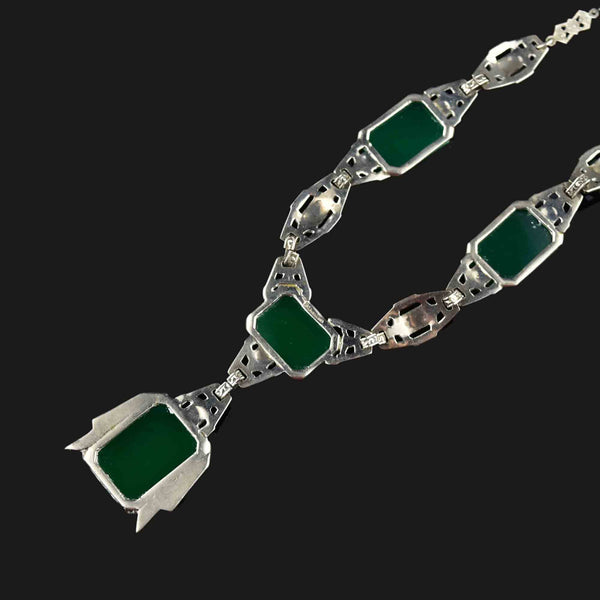 Art Deco Silver Chrysoprase Marcasite Necklace - Boylerpf