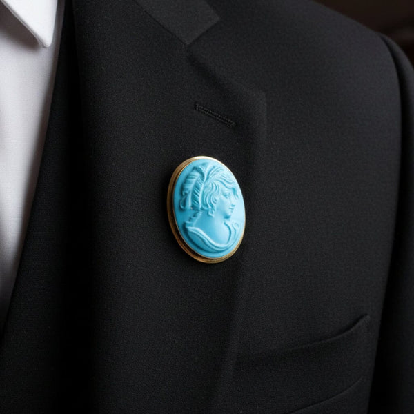 Vintage 14K Gold Blue Howlite Cameo Brooch Pendant