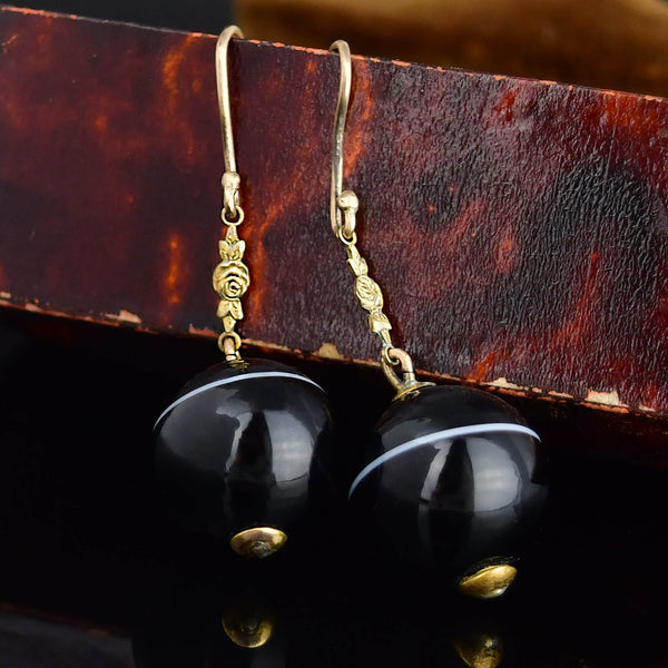 Antique Gold Rose Banded Agate Ball Drop Earrings