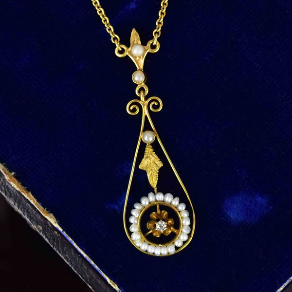 Antique Gold Diamond Seed Pearl Target Lavaliere Necklace - Boylerpf