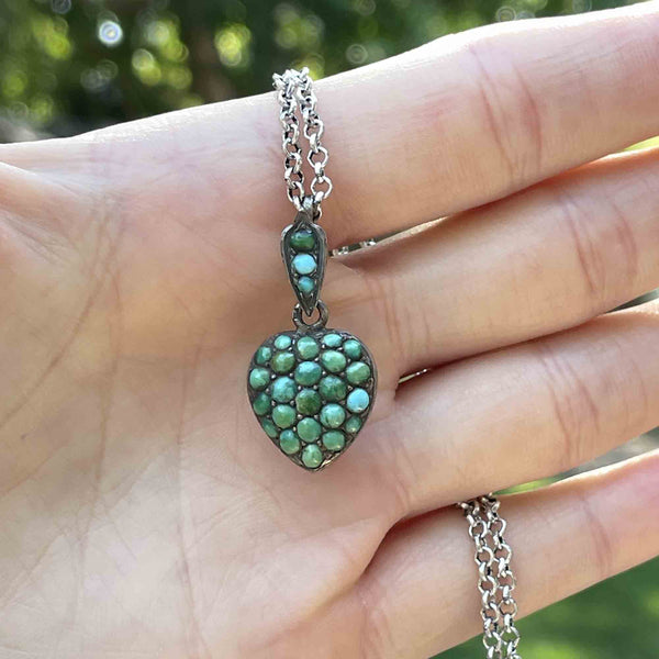 Antique Silver Turquoise Heart Locket Necklace - Boylerpf