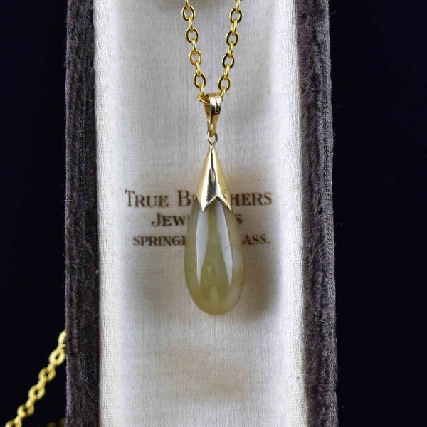 Vintage 14K Gold Milky Jade Teardrop Pendant Necklace - Boylerpf