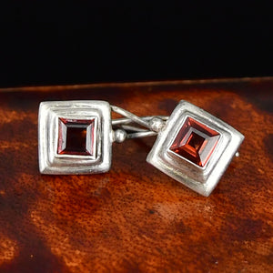 Vintage Sterling Silver Garnet Square Drop Earrings - Boylerpf