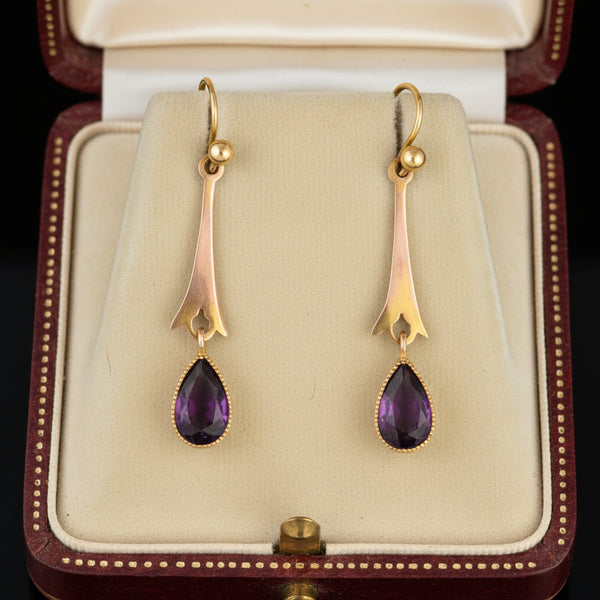 Antique Edwardian Gold Pear Cut Amethyst Drop Earrings