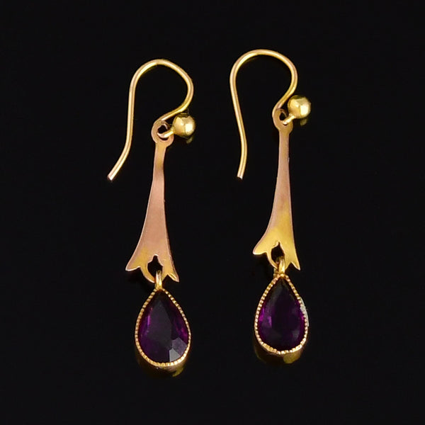 Antique Edwardian Gold Pear Cut Amethyst Drop Earrings - Boylerpf