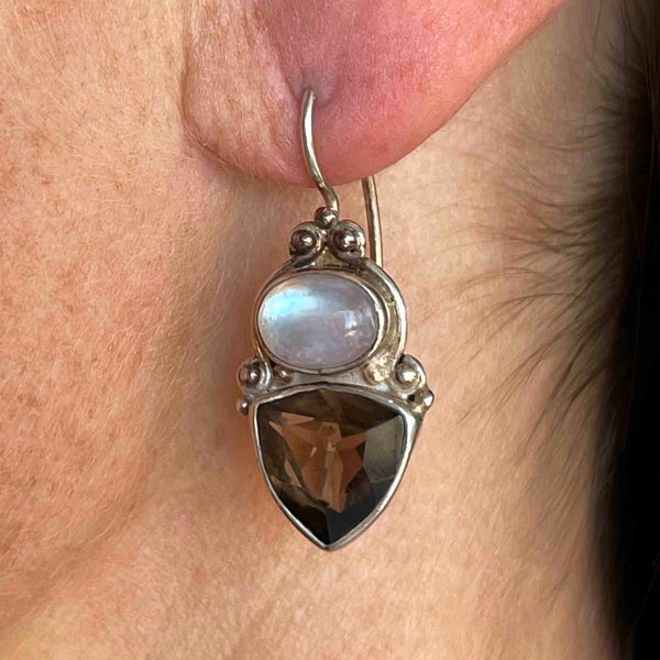Silver Moonstone Cabochon Smoky Quartz Drop Earrings - Boylerpf