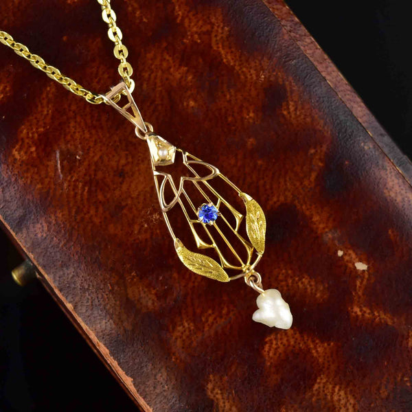 10K Gold Art Nouveau Pearl Sapphire Lavaliere Necklace - Boylerpf