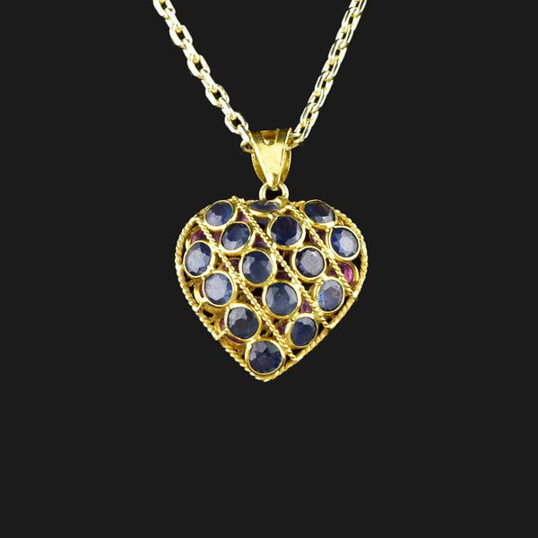 Filigree 18K Gold Ruby Blue Sapphire Heart Pendant Necklace - Boylerpf