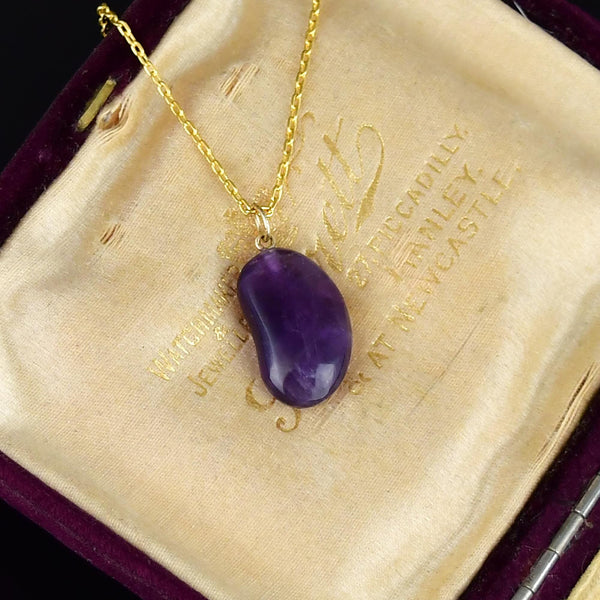 Vintage Amethyst 9K Gold Lucky Bean Pendant Necklace