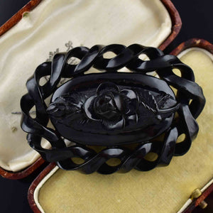 Large Victorian Carved Whitby Jet Rose Mourning Brooch - Boylerpf