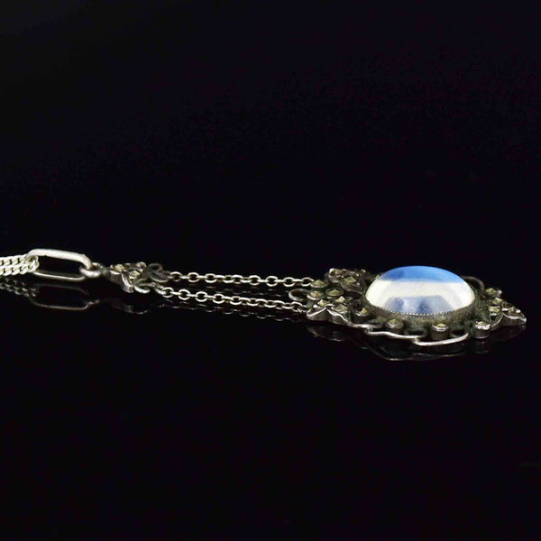 Silver Art Deco Marcasite Moonstone Cabochon Pendant Necklace - Boylerpf