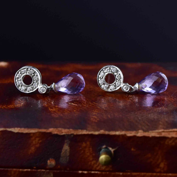 Vintage 14K White Gold Diamond Briolette Amethyst Earrings - Boylerpf