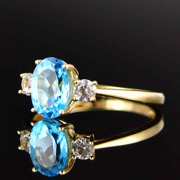Vintage 10K Gold Blue Topaz White Sapphire Three Stone Ring - Boylerpf