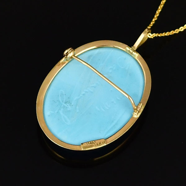 Vintage 14K Gold Blue Howlite Cameo Brooch Pendant