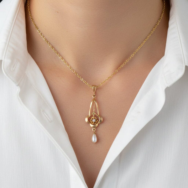 Antique Edwardian 10K Gold Diamond Pearl Lavalier Necklace - Boylerpf