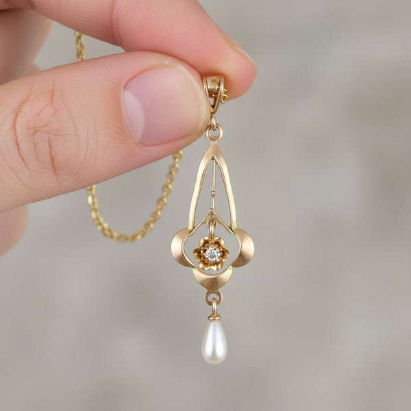 Antique Edwardian 10K Gold Diamond Pearl Lavalier Necklace - Boylerpf