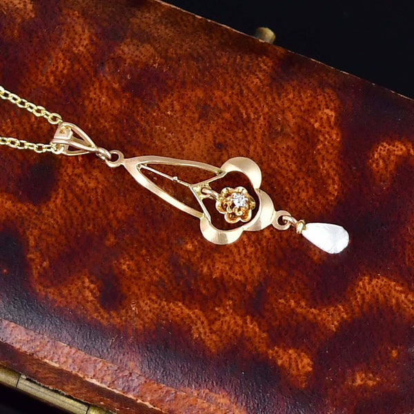 Antique Edwardian 10K Gold Diamond Pearl Lavalier Necklace - Boylerpf