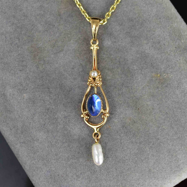 18K Gold Art Nouveau Blue Sapphire Pearl Lavaliere Necklace - Boylerpf