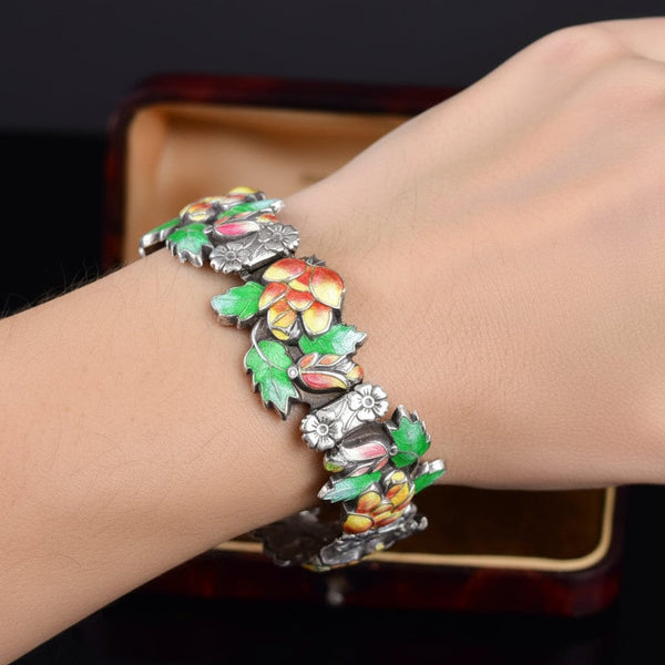 Antique Floral Enamel Sterling Silver Bracelet